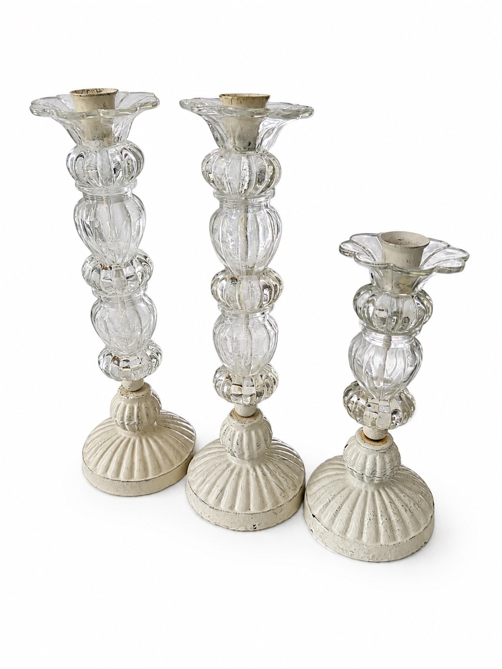 Set of 3 Vintage Glass & Cast Iron Candle Holder Candlesticks Cottagecore Chic